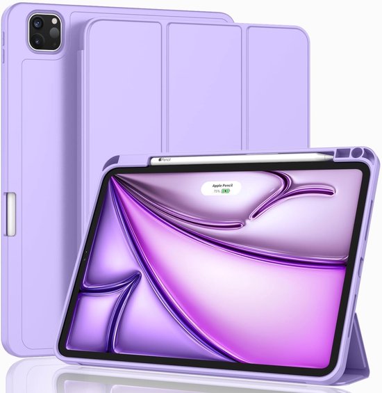 Paarse tablet case voor iPad Air 13 inch (2024) in staande positie, met Apple Pencil.