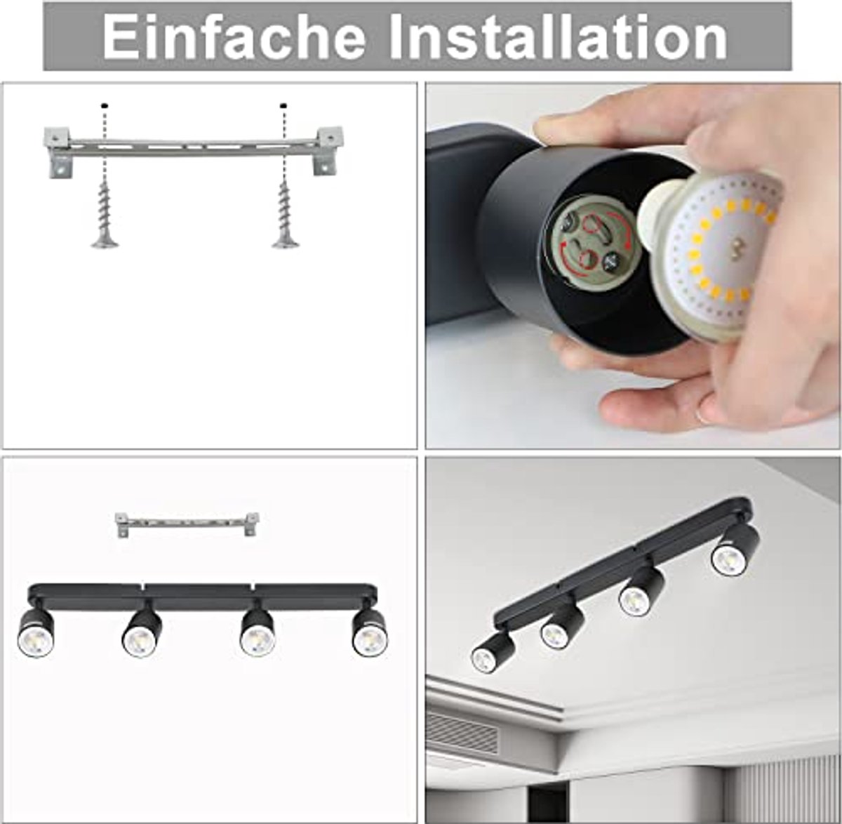 Moderne Plafondlamp met 4 Draaibare Spots voor Woonkamer, Hal, Slaapkamer en Eetkamer - GU10 Fitting - Zwart Metaal