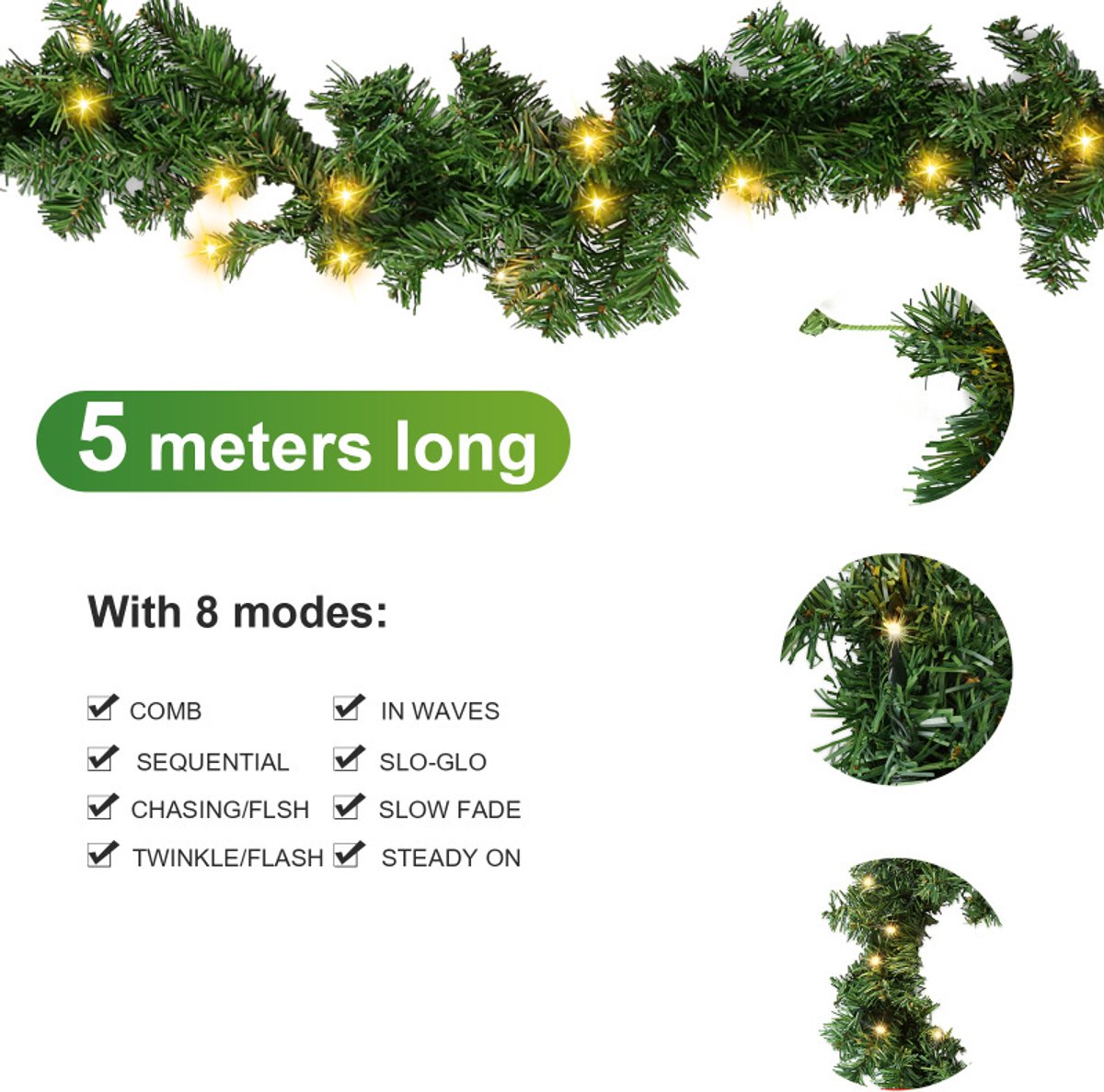 Kerstguirlande met geïntegreerde lichtketting met verlichting 5 m groen met 100 leds – foto 2