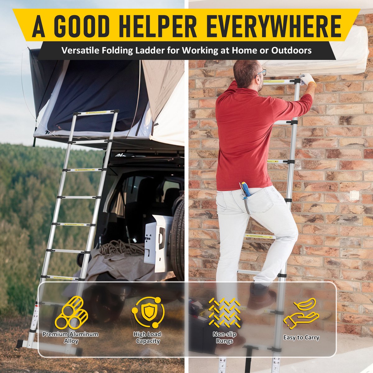 Telescopische Vouwladder - Telescopische Ladders - Werkhoogte 2,6M - zilverachtig - lichte uittrekbare ladder - met Barre d'équilibre – foto 7