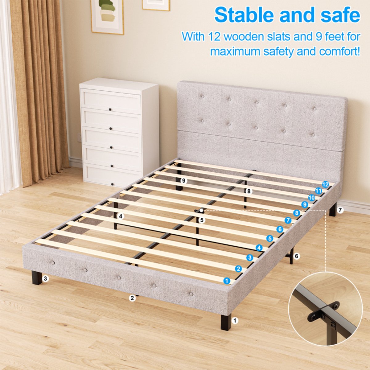 Bedframe Bed volwassen jeugdbed Tweepersoonsbed 120x200 cm Met Hoofdbord Massief Houten Lattenbodem Draagvermogen 350 kg - Grijs — cadeau in Cadeau-ideeën - foto 6