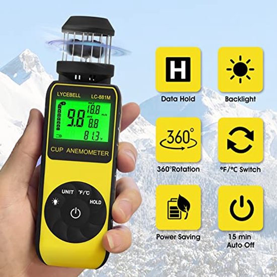 Draagbare Anemometer voor Windsnelheid en Temperatuur met Kompas — afbeelding 4