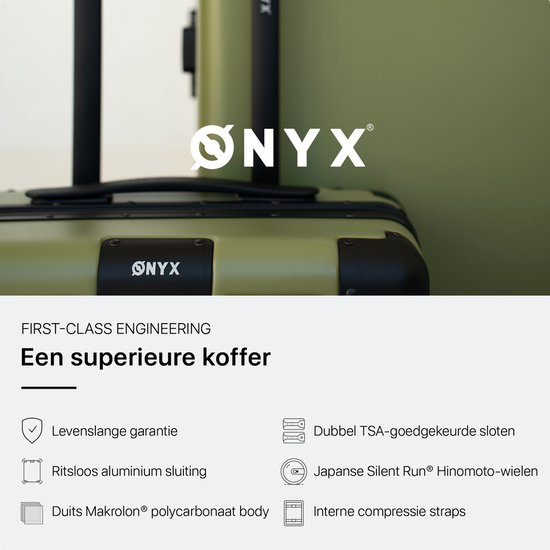 Close-up van de olijfgroene koffer met het ONYX logo. Details van de ritsloze sluiting.