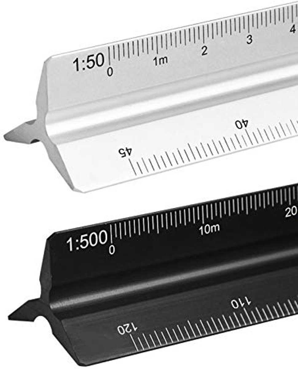 Metalen Weegliniaal Set van 2 - 30 cm Driehoekige Schaallinialen voor Architecten en Ingenieurs