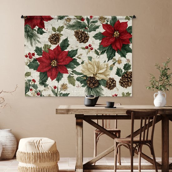 Wandkleed 120x90 cm - Wanddoek Feestelijk - Textielpatroon - Kerstbloemen - Kleurrijk - Wandtapijt - Wandkleden
