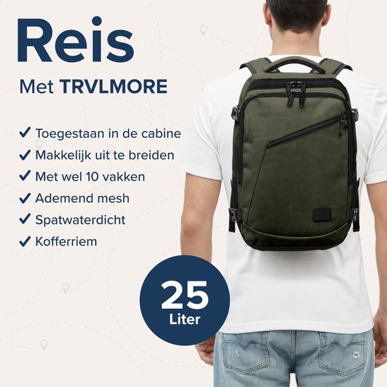 Man met olijfgroene 25L rugzak, geschikt voor cabine, uitbreidbaar, waterdicht en met kofferriem.