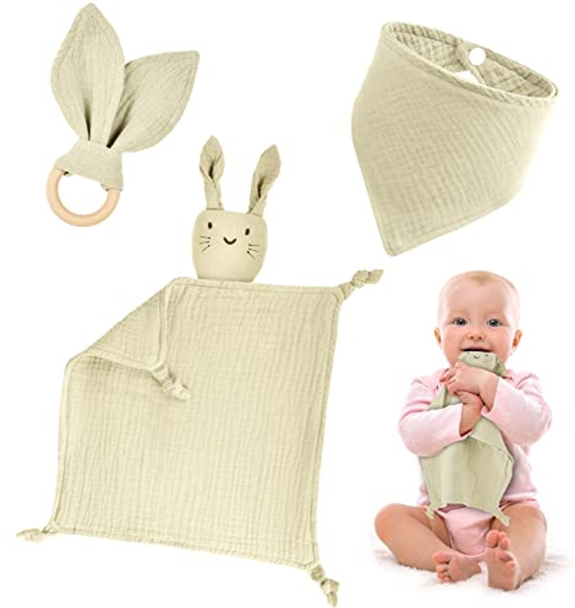 Image of 3-delige babycadeauset met knuffeldoekje, slabbetje en houten ringen - cadeau voor geboorte jongen en meisje