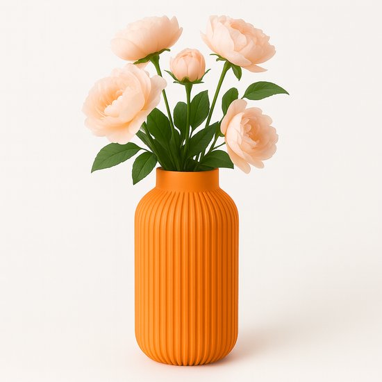 Aurea Ribbel Vaas 25 cm – Moderne 3D Geprinte Bloemenvaas – Strakke Scandinavische Design Vaas voor Droogbloemen en Verse Bloemen – Decoratieve Bloempot voor Binnen – Oranje
