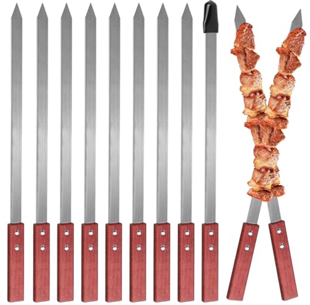 Set van 10 RVS Grillspiesen - 59,5 cm Lange Shashlik Spiesen voor BBQ en Kampeeruitjes