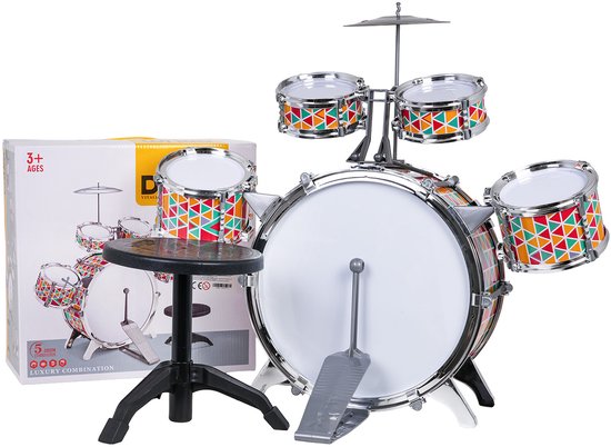 Kinderdrumstel met gekleurd geometrisch patroon, inclusief krukje en doos met "DRUM" logo.