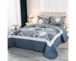 Quilted Bedspread Patchwork Duvet - 100% Microfiber Luxe Bedtextiel - 240x260 cm + 50x90 cm x 2, Blauw