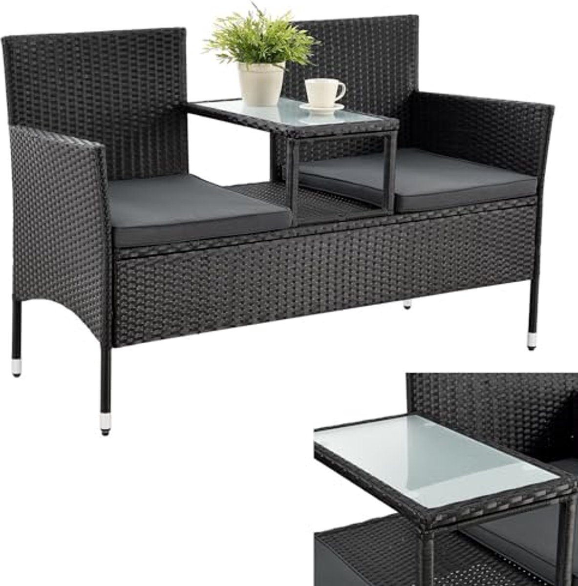 2-zits polyrotan tuinbank met tafel en kussens - Weerbestendig en stijlvol voor tuin en balkon
