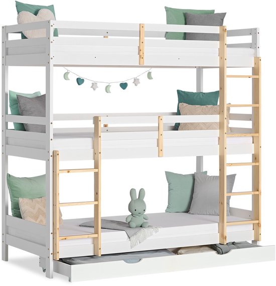 Lit enfant Homestyle4u - 90x200 cm - Lit mezzanine pour 3 enfants - avec tiroir de lit - couleur blanc et naturel