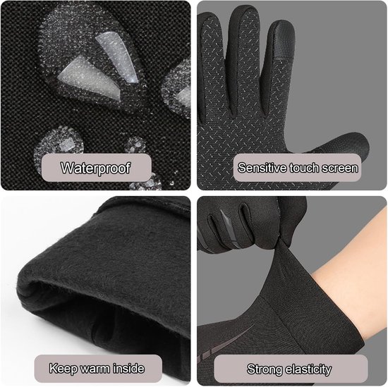Vier details van zwarte handschoenen: waterdruppels op stof, een antislip palm, de warme binnenkant en de rekbaarheid bij de pols.