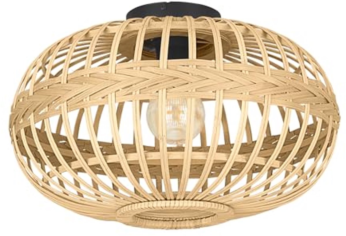 Plafondlamp Vintage Stijl - Grote Globe Lamp van Zwart Staal en Hout 45 cm