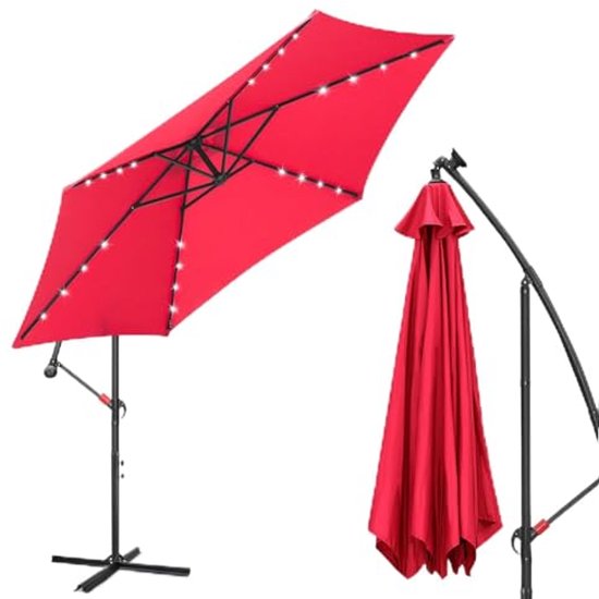 Parasol Met LED Verlichting 2.7 M - Kantelbaar Knikbaar - 32 Lampjes Solar Zonne Energie Uv Bescherming Inclusief Regenhoes Zwart