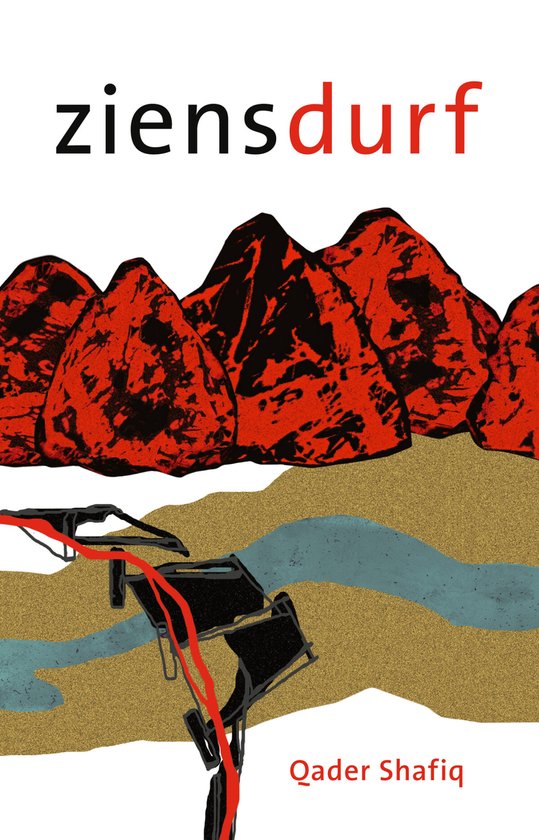 Boek "ziensdurf" met rode berglandschap en een stadje aan een rivier.