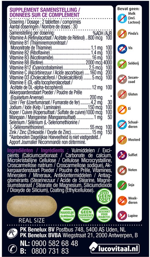 Detailinformatie over de samenstelling van het supplement, inclusief ingrediënten, dosering en ingrediëntenlijst.