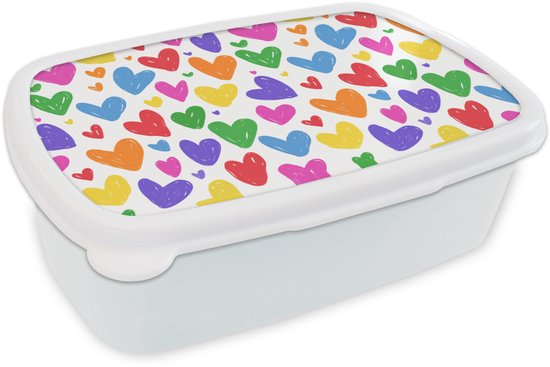 Broodtrommel Wit - Lunchbox Hartjes - Patroon - Kleurrijk - Tekening - Brooddoos 18x12x6 cm - Brood lunch box - Broodtrommels voor kinderen en volwassenen