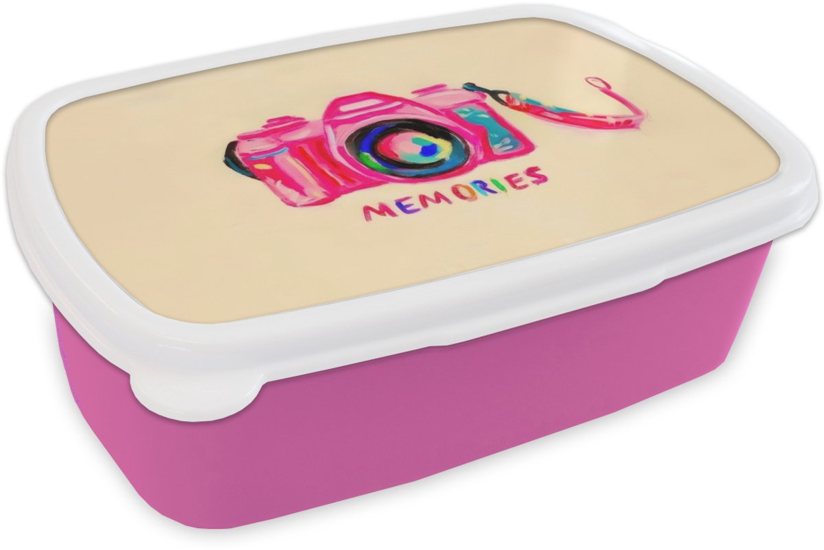 Broodtrommel Roze - Lunchbox Camera - Memories - Roze - Geschilderd - Brooddoos 18x12x6 cm - Brood lunch box - Broodtrommels voor kinderen en volwassenen