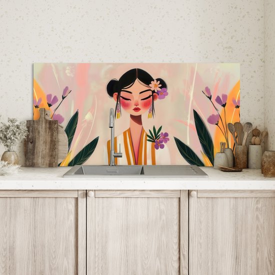 Spatscherm keuken 80x40 cm - Kookplaat achterwand Vrouw - Bloemen - Pastel - Muurbeschermer - Spatwand fornuis - Hoogwaardig aluminium