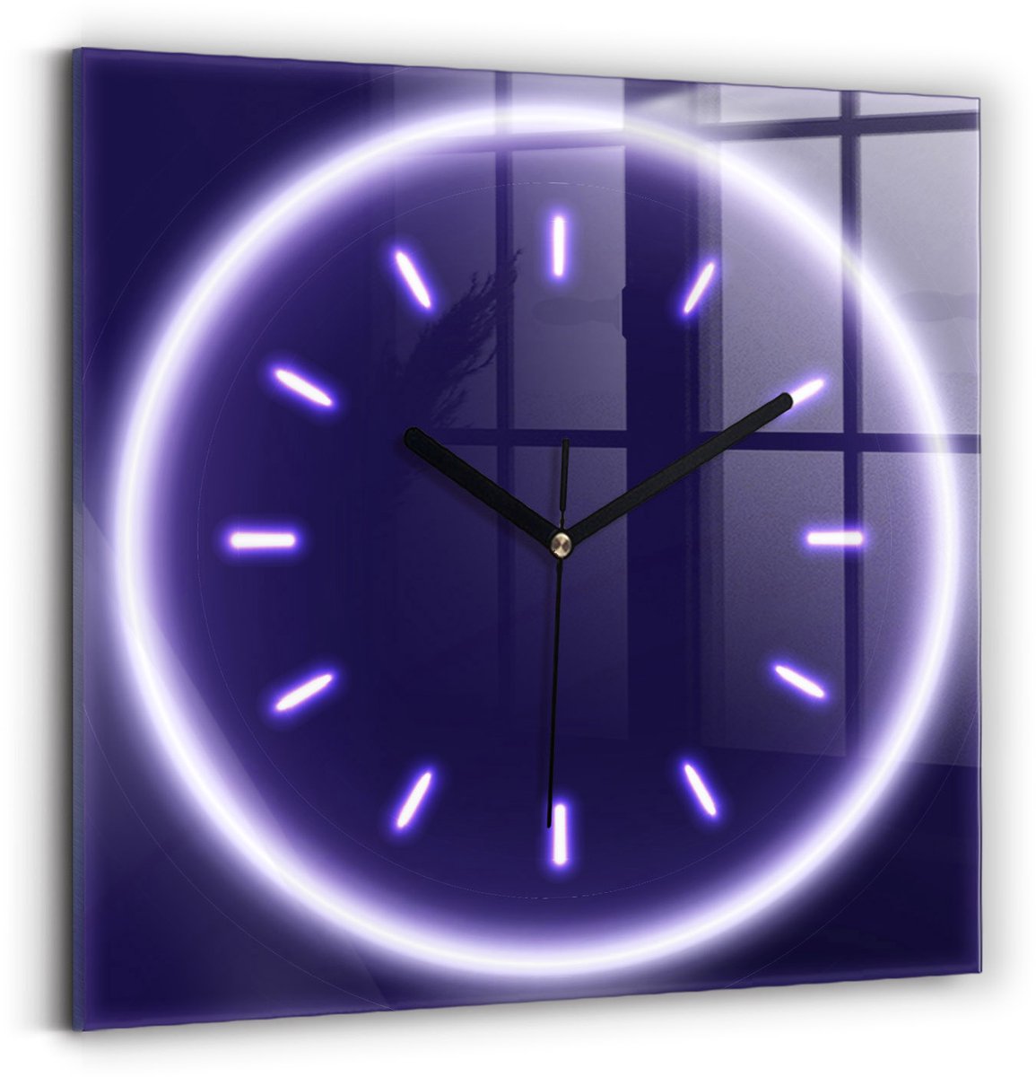 Wallfluent Wandklok - Neonlijnen Klok met Print - 30 cm x 30 cm - Paars Wandklok - Zwarte Handen - Wandklok zonder cijfers - Stille Wandklok Slaapkamer - Klok met Print - Kunstzinnige Klok - Unieke Wandklok