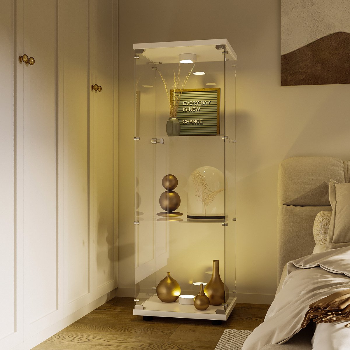 Witte Glas Vitrinekast 125x42x36 cm – Moderne Staande Vitrine met 3 Planken en LED, ESG Gehard Glas voor Collecties, Boeken of Wijn
