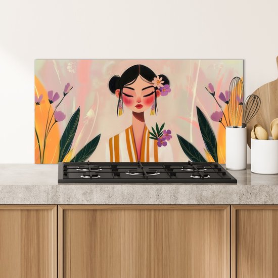 Spatscherm keuken 80x40 cm - Kookplaat achterwand Vrouw - Bloemen - Pastel - Muurbeschermer - Spatwand fornuis - Hoogwaardig aluminium