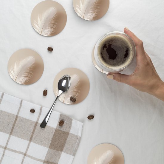 Sous-verres de verre ronds, motif plume, minimalistes, roses, 10 x 10 cm, lot de 6.