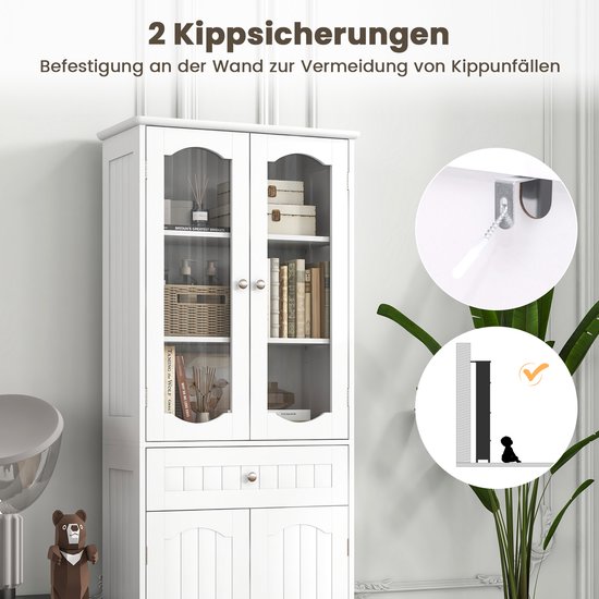 COSTWAY Badkamerkast, hoge badkamerkast met 4 deuren, lade en verstelbare plank, opbergkast voor woonkamer, badkamer, keuken, 60 x 30 x 160 cm (wit)