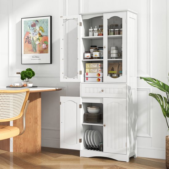 COSTWAY Badkamerkast, hoge badkamerkast met 4 deuren, lade en verstelbare plank, opbergkast voor woonkamer, badkamer, keuken, 60 x 30 x 160 cm (wit)