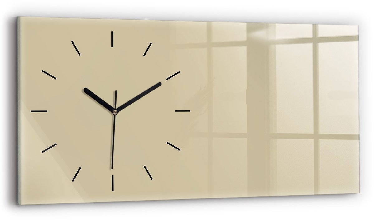 Wallfluent Wandklok - Beige Rechthoekige Glazen Wandklok - 60 cm x 30 cm - Beige Wandklok - Zwarte Handen - Wandklok Zonder Cijfers - Wandklok voor in de Keuken - Glazen Klok Rechthoekige - Minimalistisch Wandklok - Rechthoekige Glas Klok