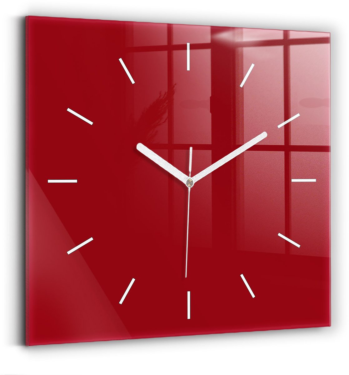Wallfluent Wandklok - Rood Vierkante Glazen Klok - 30 cm x 30 cm - Rood Wandklok - Witte Handen - Wandklok Zonder Cijfers - Wandklok Glas Woonkamer - Vierkante Glazen Wandklok - Industrieel Wandklok - Vierkante Glas Klok
