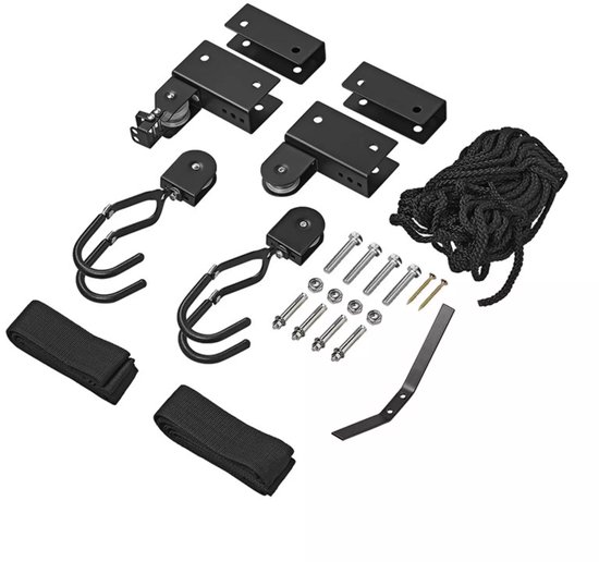 ProPlus Fietslift - XL - Ophangsysteem voor Fiets, Ladder en Dakkoffer - Met katrollen – Tot 57 kg - Plafondbevestiging – Haken met rubberen afwerking – Ook voor Kajaks en Ladders – Zwart