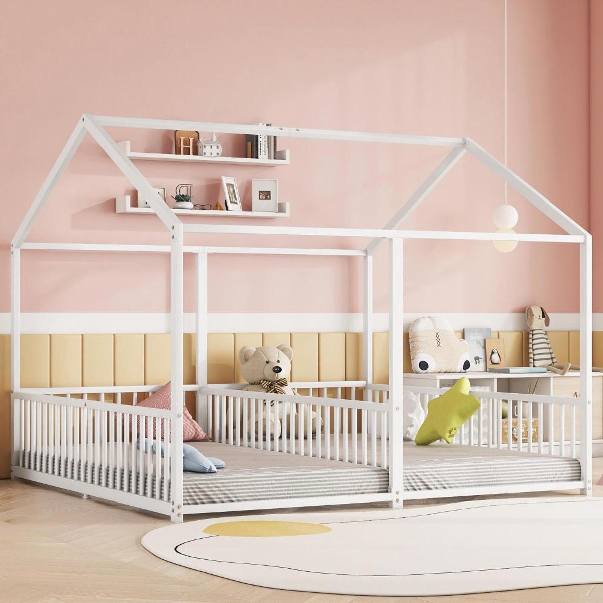KOMHTOM BLACK COLORS Dubbel hutbed 90x200 cm x2 kinderen Leuning Ladder Huismodel Dubbel bed Design IJzeren frame Wit