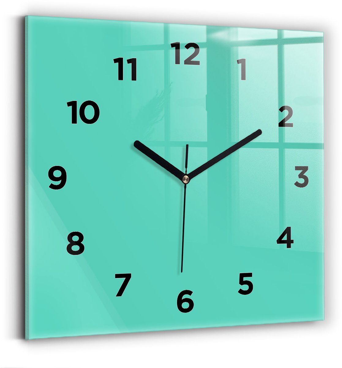 Wallfluent Wandklok - Turkoois Vierkante Glazen Wandklok - 30 cm x 30 cm - Turkoois Wandklok - Zwarte Handen - Wandklok Met Cijfers - Wandklok Glas Woonkamer - Vierkante Glas Klok - Scandinavisch Wandklok - Vierkante Glazen Klok