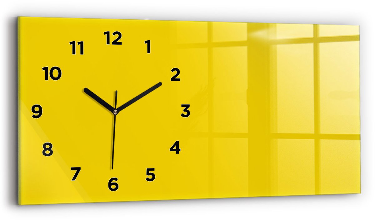 Wallfluent Wandklok - Geel Rechthoekige Glas Klok - 60 cm x 30 cm - Geel Wandklok - Zwarte Handen - Wandklok Met Cijfers - Stille Wandklok Slaapkamer - Rechthoekige Glazen Wandklok - Scandinavisch Wandklok - Glazen Klok Rechthoekige