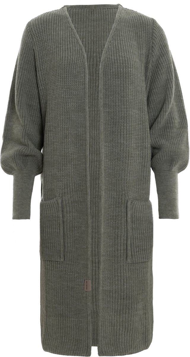 Knit Factory Patty Lang Gebreid Vest Urban Green - Gebreide dames cardigan - Lang vest tot over de knie - Donkergroen damesvest - Pofmouw - 30% wol en 70% acryl - 36/38