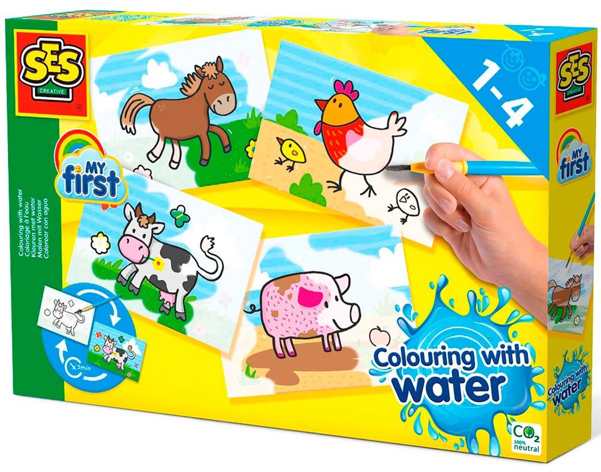 SES - My First - Verven - Kleuren met water - Boerderij dieren - zonder geknoei - inclusief 4 voorbedrukte kaarten en kwast - steeds opnieuw te gebruiken