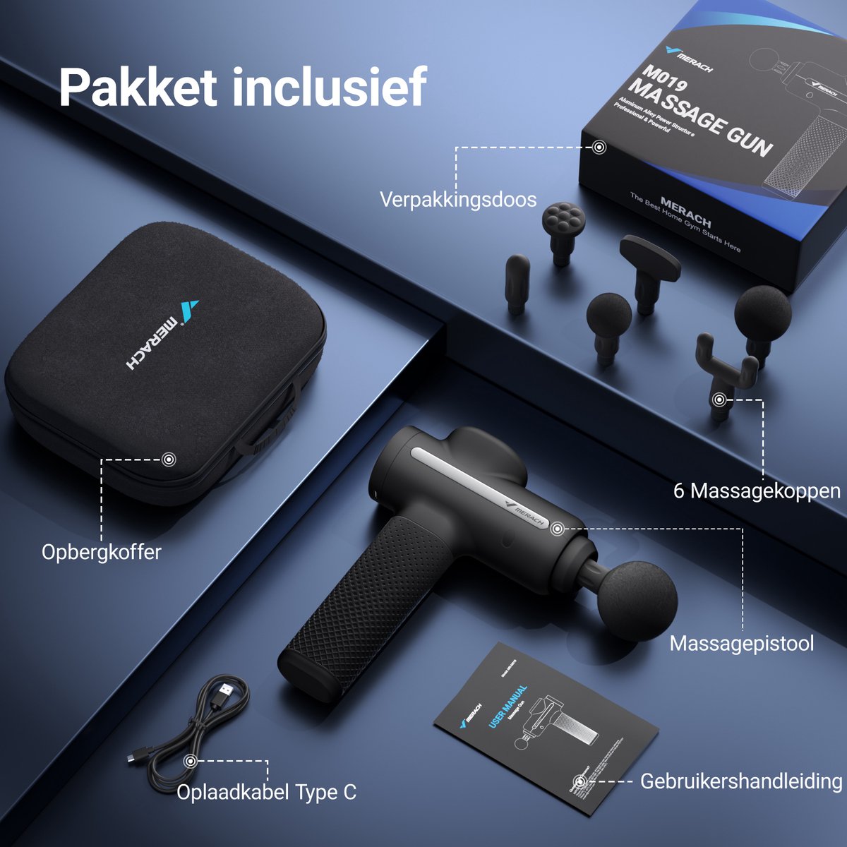 Afbeelding 2 van MERACH Massageapparaat - Borstelloze motor krachtige massagepistool met 6 opzetstukken - 5 standen, Compleet spierontspanningsset voor diepe weefselmassage - 4 uur batterijduur, automatische stop - massagegun voor lichaam, rug & schouders