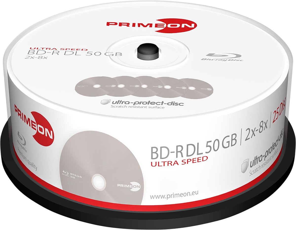 Primeon 2761318 Blu-ray BD-R DL disc 50 GB 25 stuk(s) Spindel Antikras-coating
