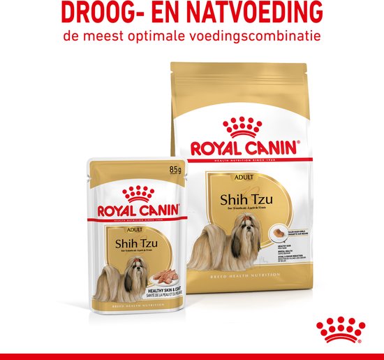 Royal Canin Shih Tzu Adult: een zakje natvoer en een zak droogvoer met afbeelding van een Shih Tzu hond.