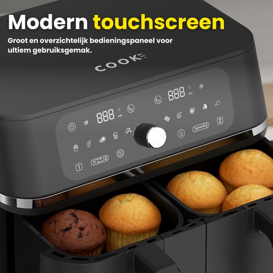 Zwarte dubbele heteluchtfriteuse met open manden vol muffins, voor een modern touchscreen.