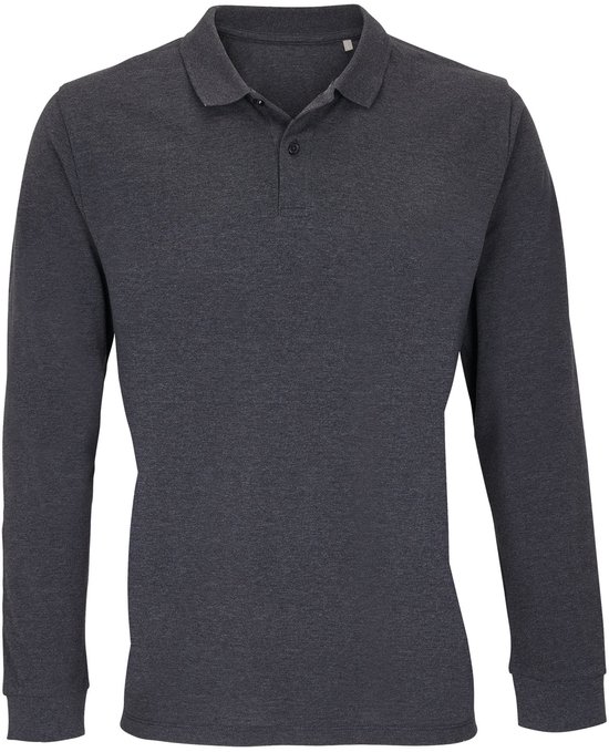 Donkergrijs gemêleerd poloshirt met lange mouwen, gemaakt van 100% biologisch katoen.