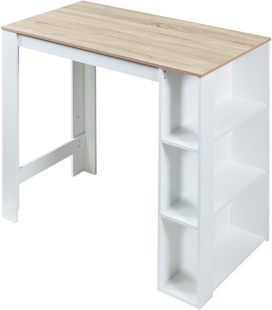 Witte barmeubel met eikenkleurig tafelblad, staand op een witte poot en met drie open witte opbergplanken aan de zijkant.