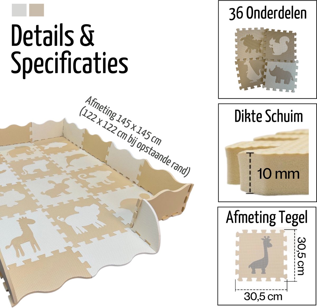 Roosly Speelmat Baby - Speelkleed Baby - babygym - kruipmat - playmat - Foam vloerpuzzel 145 x 145 cm - Opstaande Rand - Inclusief Opbergtas - speelgoed - Veilig & Zacht - Beige thumbnail 8