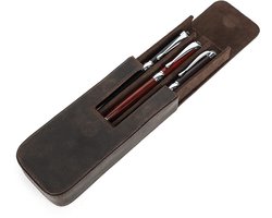 Lederen Vulpennenetui - Draagbaar met Verborgen Magnetische Sluiting en Pennenhouder - Voor 3 Vulpennen - Koffie