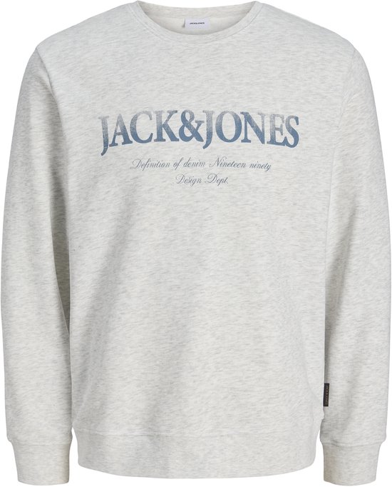 Grijze sweater met tekstprint 'JACK&JONES Definition of denim Nineteen ninety Design Dept.' in het blauw.