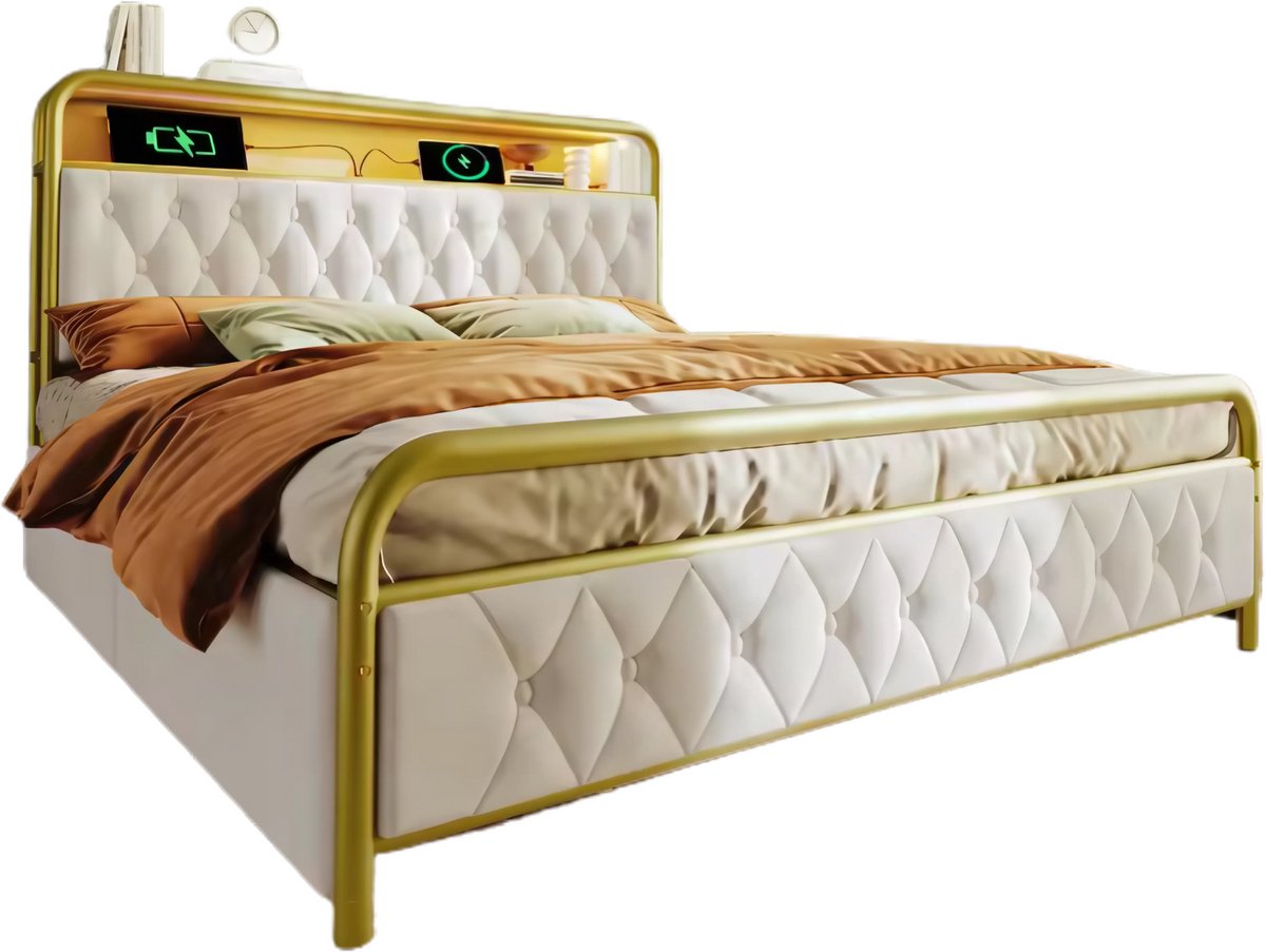 Happiq Bed - Tweepersoonsbedden - Tweepersoonsbed - Voor Slaapkamer - Met USB-C Oplaadfunctie, LED-verlichting & App-bediening - Metalen Bedframe met 4 Laden - Fluwelen Bekleding - 160x200cm Wit