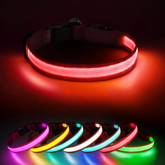 MASBRILL Lichtgevende hondenhalsband, oplaadbaar, voor in het donker, 7 kleuren, 8 knippermodi, verstelbaar, waterdicht, halsband met ledverlichting voor grote, middelgrote en kleine honden, paars, S